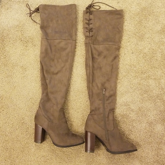 Shoes - Over the Knee Suede Boots with Heels